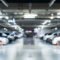 Blur not in focus underground car park at large department store. Many cars parked at all parking slot. Full parked not empty. Blurred background and wallpaper for business and commercial use concept.