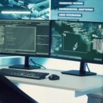 Government anti terrorism control center equipped with a big display and radar surveillance on satellite cctv system used for national reconnaissance. Empty military command space.